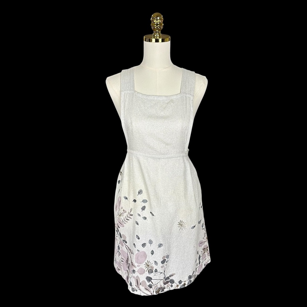 Anthropologie Silver‎ Metallic Botanical Floral Cross Back Kitchen Apron Purple